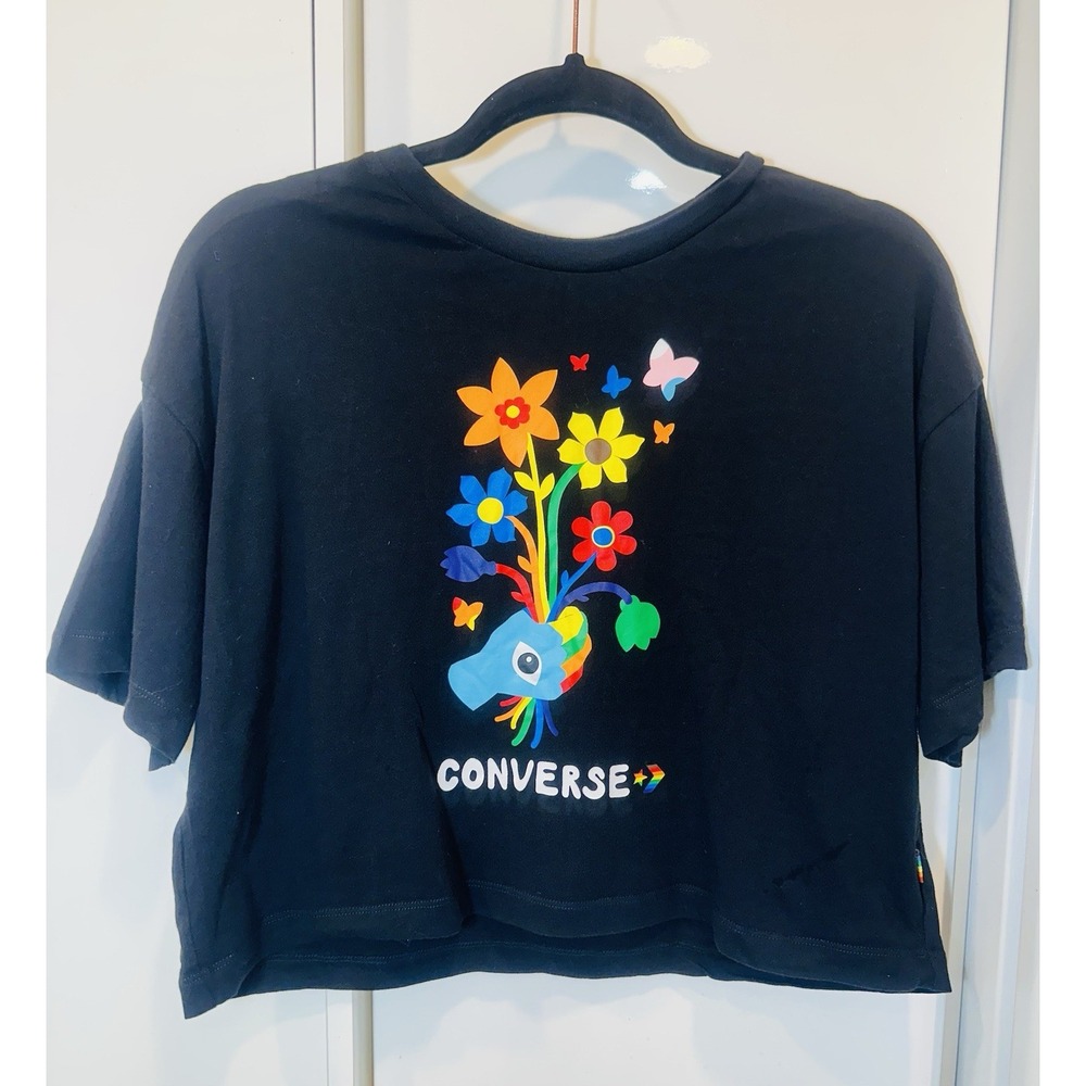 Converse PRIDE Camiseta Cropped Short Sleeve T-Shirt Women's Black Sz S